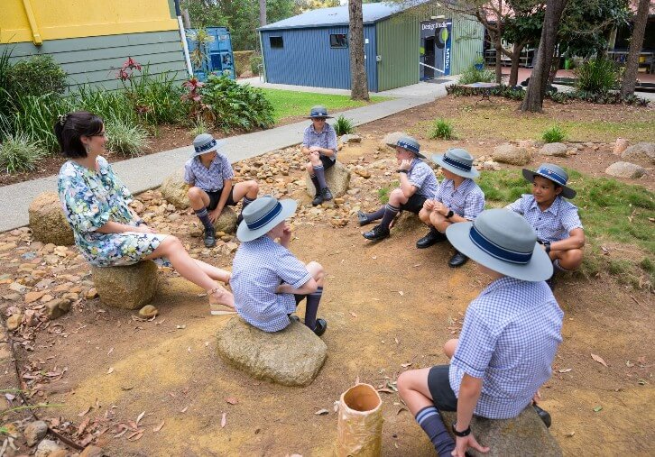 一位老師帶領多名低年級學生在校園的自然保護區內席地而坐，進行戶外課堂。學校利用 13 公頃的廣闊校園，讓孩子在遊戲中學習，培養對大自然的興趣。