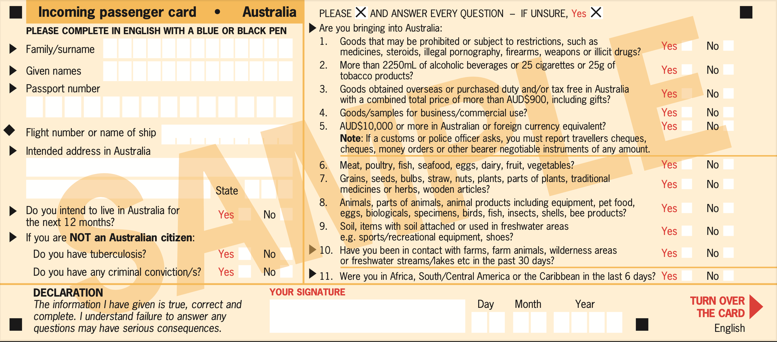 澳洲入境卡英文版正面