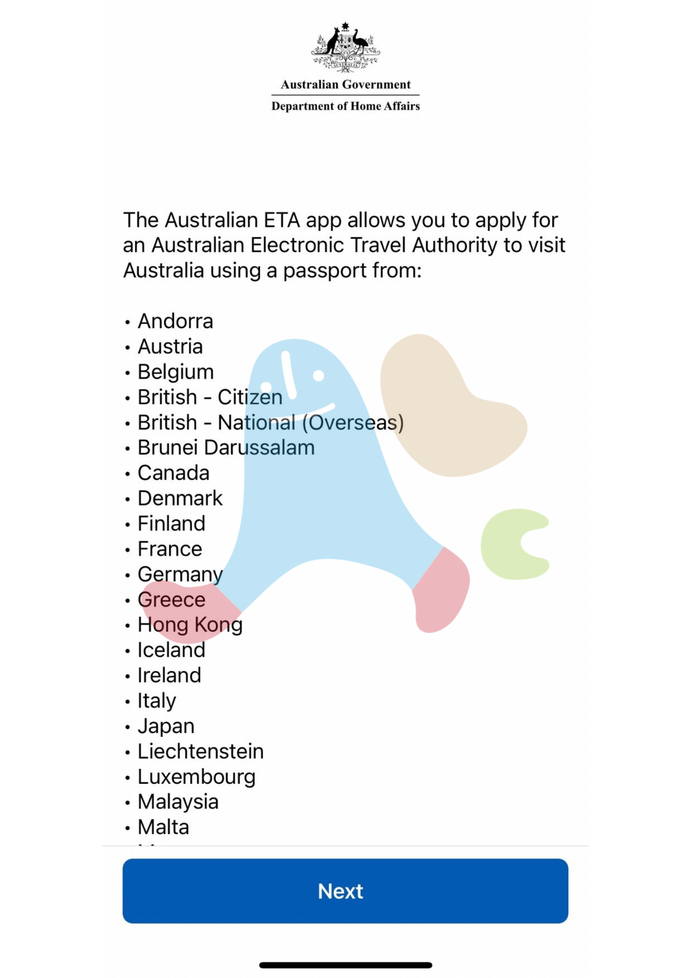 澳洲旅遊簽證AustraliaETA app第一個畫面